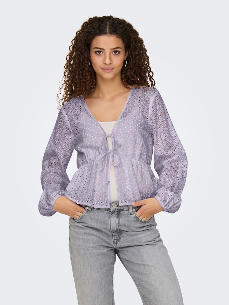 JDY Purple 100% Cotton Tie Front Broderie Blouse - Image 1 of 5