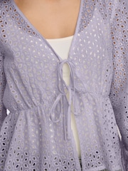 JDY Purple 100% Cotton Tie Front Broderie Blouse - Image 3 of 5