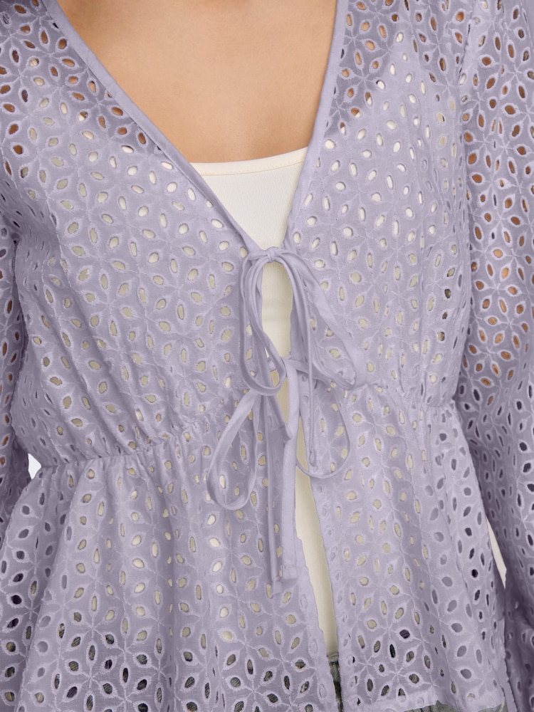 JDY Purple 100% Cotton Tie Front Broderie Blouse - Image 3 of 5