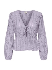 JDY Purple 100% Cotton Tie Front Broderie Blouse - Image 4 of 5