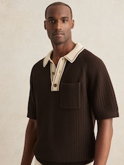 Reiss Dark Brown/Stone Donovan Cotton Textured Knit Contrast Polo Shirt - Image 1 of 5