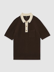 Reiss Dark Brown/Stone Donovan Cotton Textured Knit Contrast Polo Shirt - Image 2 of 5