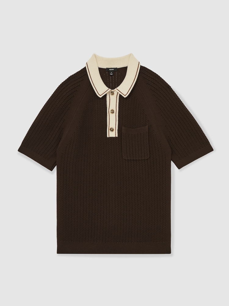 Reiss Dark Brown/Stone Donovan Cotton Textured Knit Contrast Polo Shirt - Image 2 of 5