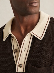 Reiss Dark Brown/Stone Donovan Cotton Textured Knit Contrast Polo Shirt - Image 3 of 5