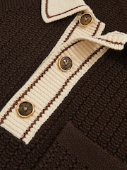 Reiss Dark Brown/Stone Donovan Cotton Textured Knit Contrast Polo Shirt - Image 5 of 5