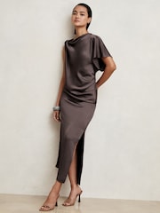 Reiss Mauve Kenzie Satin Asymmetric Draped Midi Dress - Image 1 of 6