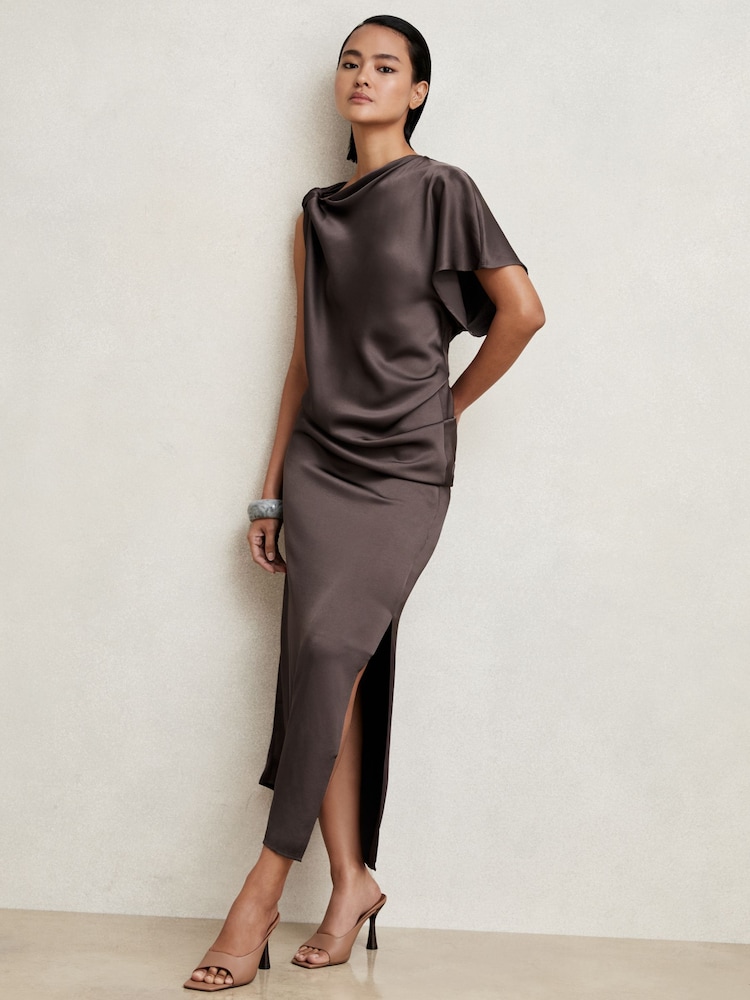 Reiss Mauve Kenzie Satin Asymmetric Draped Midi Dress - Image 1 of 6