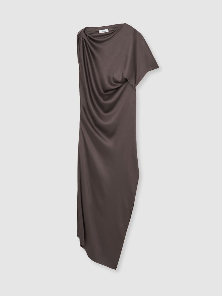 Reiss Mauve Kenzie Satin Asymmetric Draped Midi Dress - Image 2 of 6