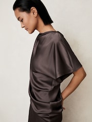 Reiss Mauve Kenzie Satin Asymmetric Draped Midi Dress - Image 3 of 6