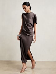 Reiss Mauve Kenzie Satin Asymmetric Draped Midi Dress - Image 5 of 6
