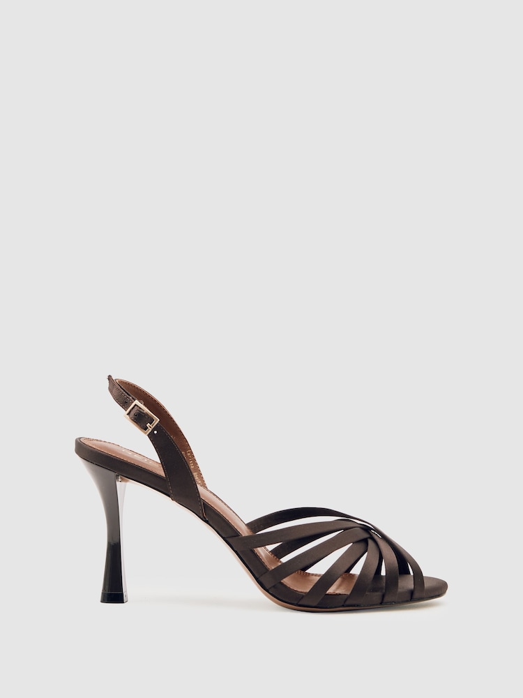 Reiss Chocolate Larissa Satin Cross-Strap Heeled Sandals - Image 1 of 5 Reiss Chocolate Larissa Satin Cross-Strap Heeled Sandals - Image 1 of 5