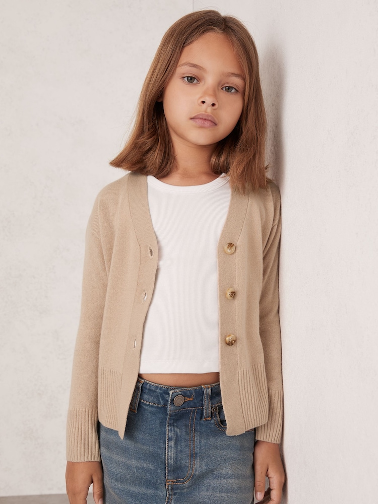 Reiss Neutral Tyla 9-13 yrs Wool-Blend Fitted Cardigan With Cashmere - Image 1 of 4