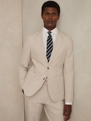 Reiss Oatmeal/White Bay Seersucker Single-Breasted Suit Blazer Slim-Fit - Image 1 of 8