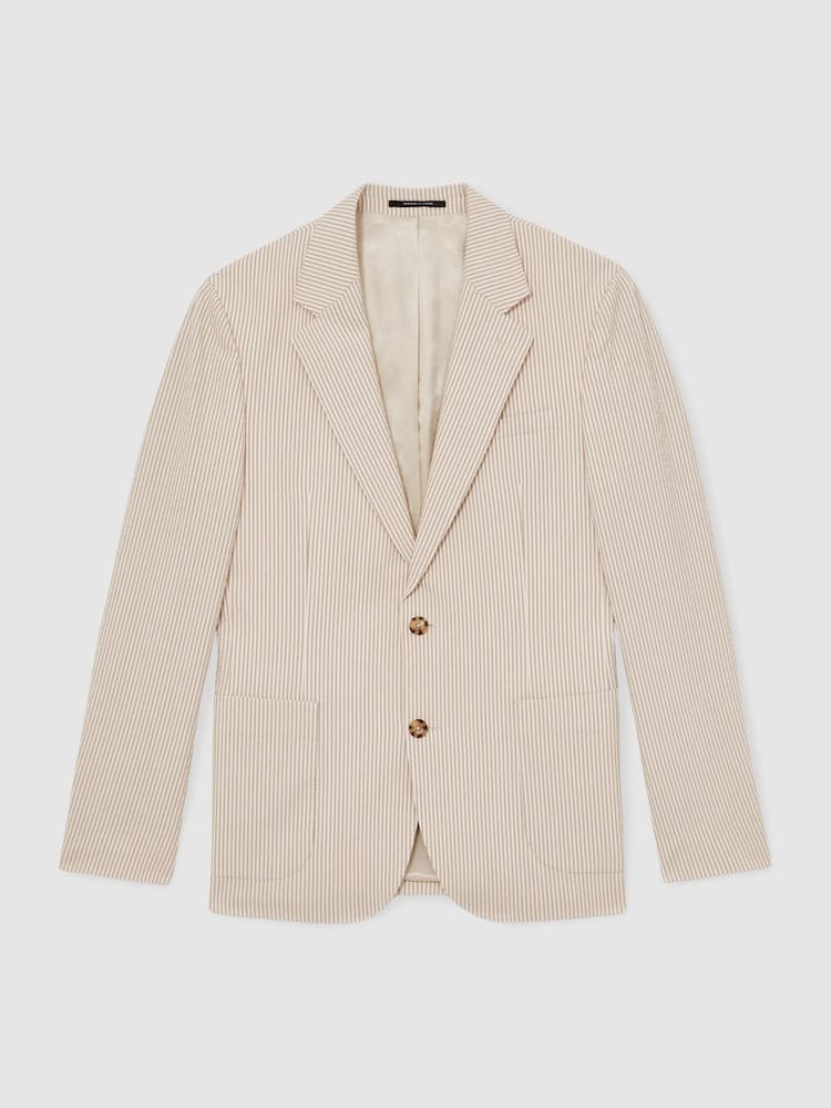 Reiss Oatmeal/White Bay Seersucker Single-Breasted Suit Blazer Slim-Fit - Image 2 of 8
