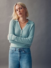 Blue Soft Touch V-Neck Cotton Rich Knitted Polo Top - Image 1 of 6