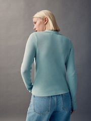 Blue Soft Touch V-Neck Cotton Rich Knitted Polo Top - Image 4 of 6
