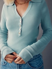 Blue Soft Touch V-Neck Cotton Rich Knitted Polo Top - Image 5 of 6