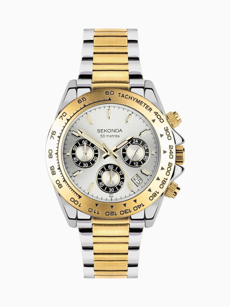 Sekonda Mens Sports 40mm Circuit Chronograph Watch in Two Tone with Stainless Steel Bracelet & Silver Dial - Image 1 of 6