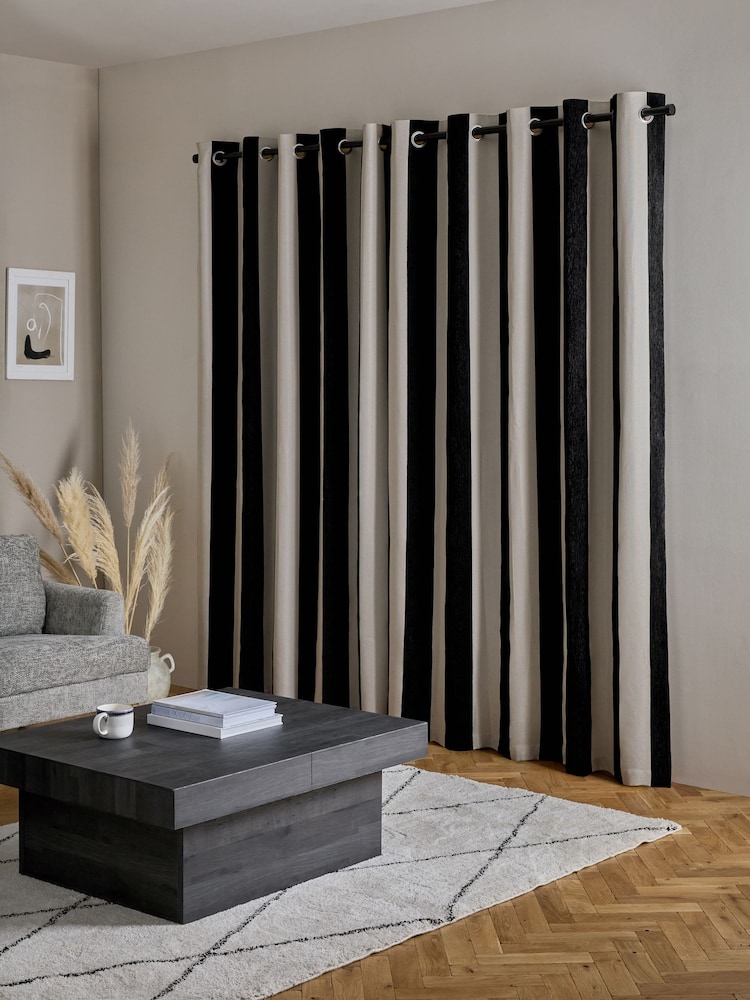 Black/Natural Chenille Stripe Eyelet Blackout/Thermal Curtains - Image 2 of 6