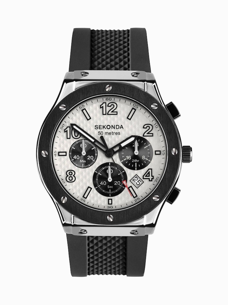 Sekonda Sports Mens 43mm Black Titan Watch with Black Silicone Strap & White Dial - Image 1 of 6