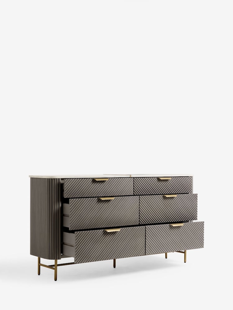 Dark Grey Valencia Marble and Mango Wood 6 Drawer Wide Chest of Drawers - Image 2 of 5