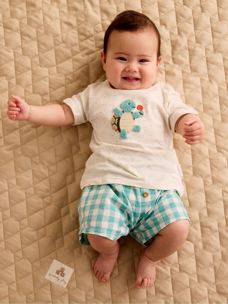 Purebaby Green Gingham Turtle 100% Cotton T-Shirt and Short Set - Image 1 of 5