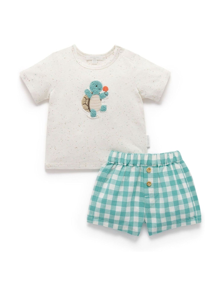 Purebaby Green Gingham Turtle 100% Cotton T-Shirt and Short Set - Image 2 of 5
