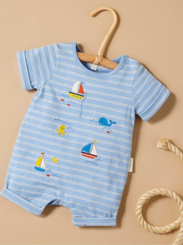 Purebaby Blue Stripe Sail Away Short 100% Cotton Romper - Image 1 of 5
