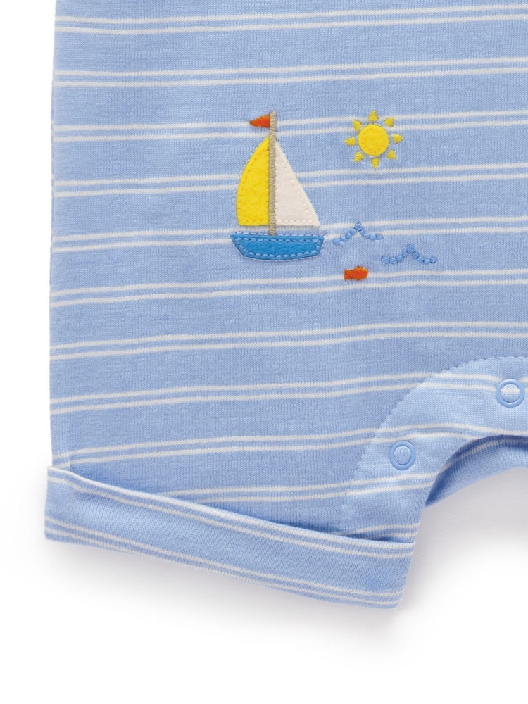 Purebaby Blue Stripe Sail Away Short 100% Cotton Romper - Image 5 of 5