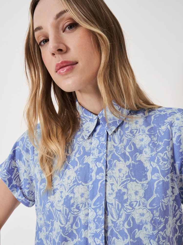 Crew Clothing Blue Short Sleeve Check Linen Blend Shirt - Image 4 of 5