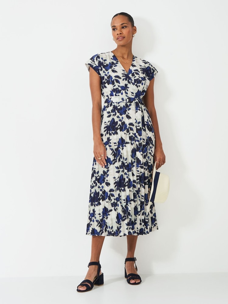 Crew Clothing Blue Wrap Front Print Pleated Dress - Image 1 of 5