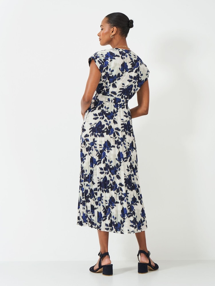 Crew Clothing Blue Wrap Front Print Pleated Dress - Image 2 of 5