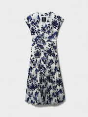 Crew Clothing Blue Wrap Front Print Pleated Dress - Image 5 of 5