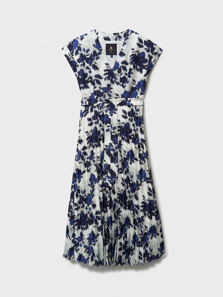 Crew Clothing Blue Wrap Front Print Pleated Dress - Image 5 of 5