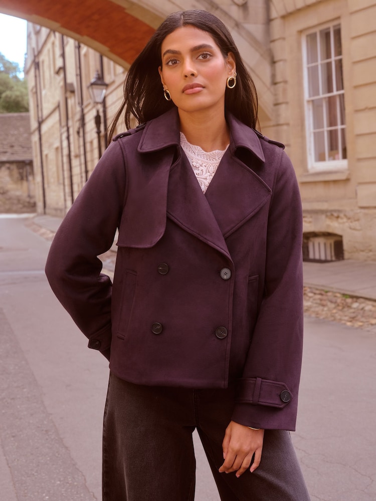 Love & Roses Burgundy Red Short Suede Trench Coat - Image 1 of 4