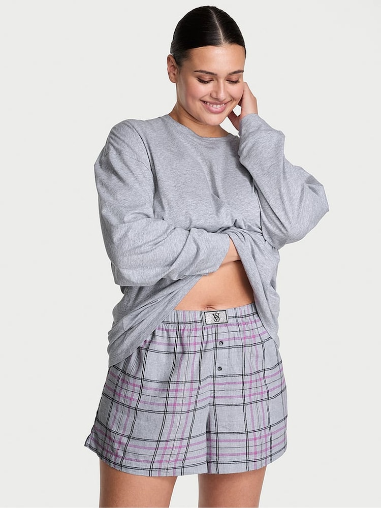 Victoria's Secret Heather Medium Grey Tartan Flannel Long Sleeve Short Pyjamas Set - Image 1 of 3 Victoria's Secret Heather Medium Grey Tartan Flannel Long Sleeve Short Pyjamas Set - Image 1 of 3