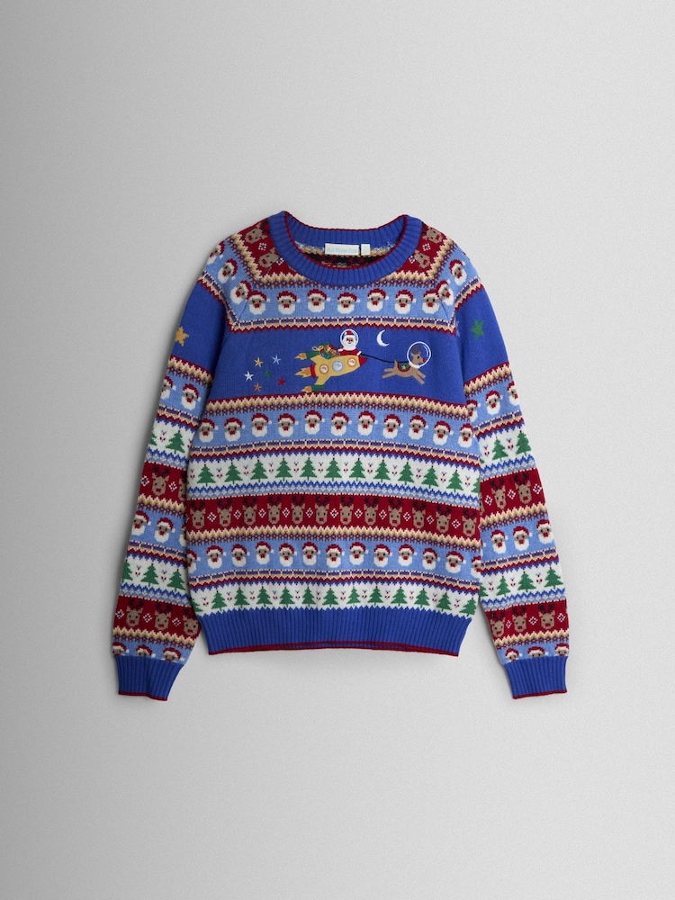 JoJo Maman Bébé Blue Men's Santa & Rocket Fairisle Jumper - Image 1 of 3