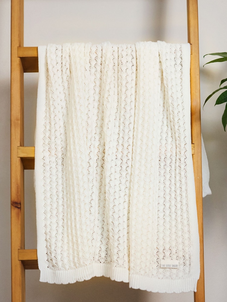 Crema - The Little Tailor Baby Scallop Design Pointelle 100% Cotton White Blanket - Imagen 1 de 4