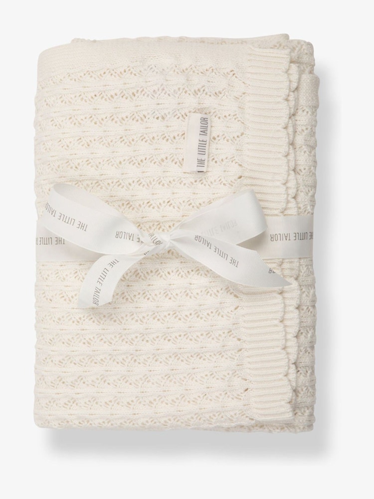 Crema - The Little Tailor Baby Scallop Design Pointelle 100% Cotton White Blanket - Imagen 2 de 4