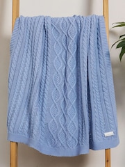 The Little Tailor Baby Blue Fisherman Cable Knitted 100% Cotton Blanket - Image 1 of 4