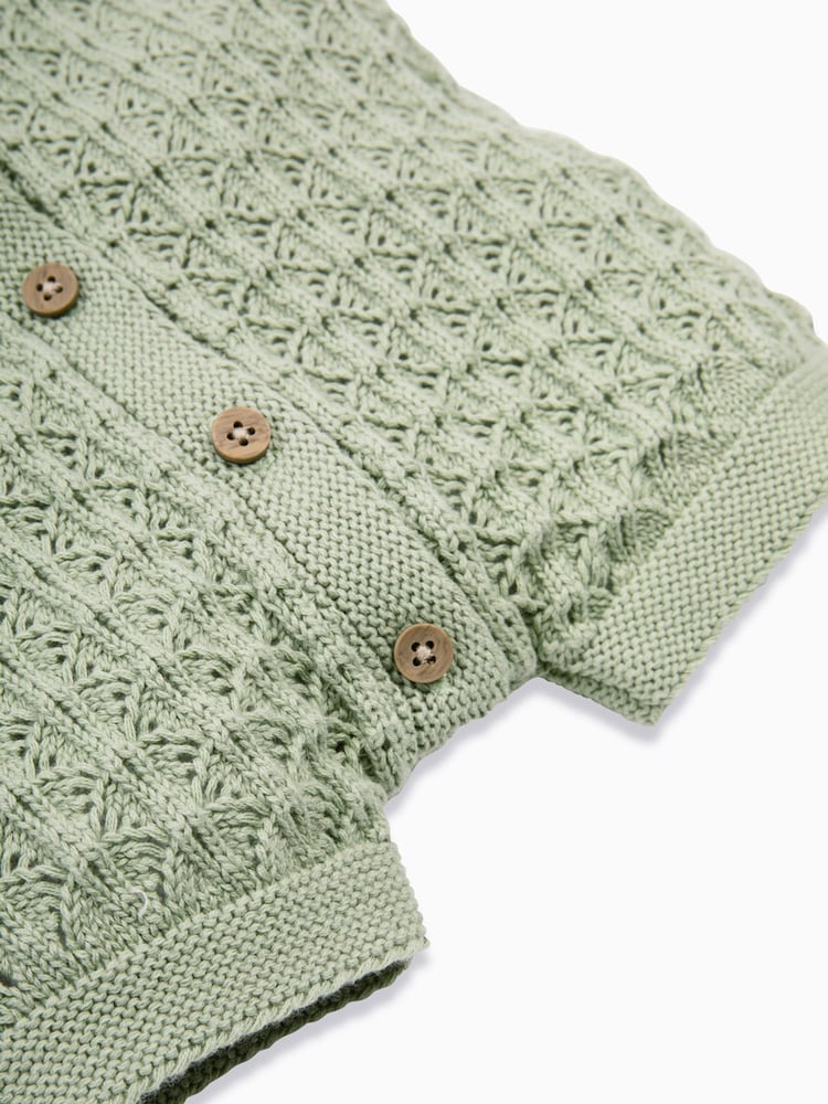 Verde - The Little Tailor Baby Scallop Design Pointelle Button Through 100% Cotton Romper - Imagen 6 de 6