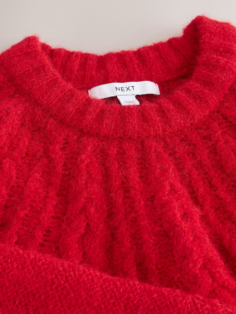 Cherry Red Wool Blend Cable Knit Crew Neck Jumper - Image 3 of 3 Cherry Red Wool Blend Cable Knit Crew Neck Jumper - Image 3 of 3