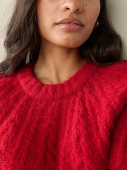 Cherry Red Wool Blend Cable Knit Crew Neck Jumper - Image 5 of 9