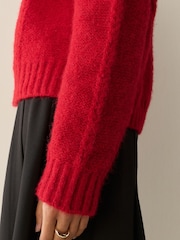 Cherry Red Wool Blend Cable Knit Crew Neck Jumper - Image 6 of 9