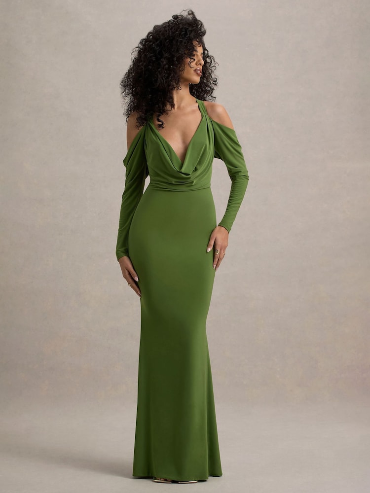 Club L London Green Hurghada Plunge Neck Long Sleeve Maxi Dress - Image 1 of 6