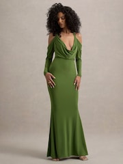 Club L London Green Hurghada Plunge Neck Long Sleeve Maxi Dress - Image 4 of 6