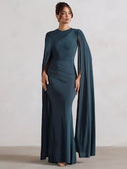 Club L London Blue Magdelena Asymmetric Cape Maxi Dress - Image 1 of 5