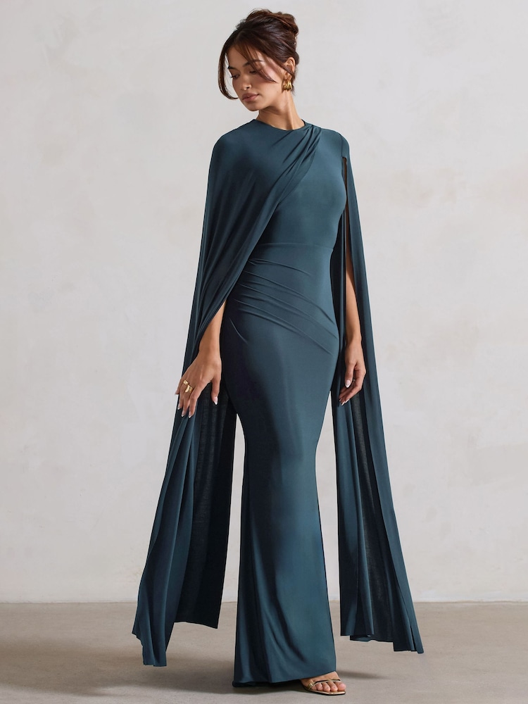 Club L London Blue Magdelena Asymmetric Cape Maxi Dress - Image 2 of 5