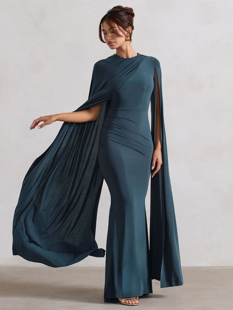 Club L London Blue Magdelena Asymmetric Cape Maxi Dress - Image 3 of 5
