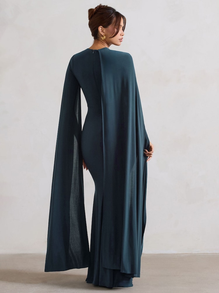 Club L London Blue Magdelena Asymmetric Cape Maxi Dress - Image 4 of 5